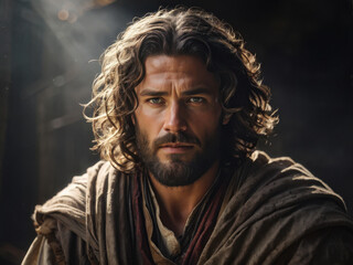 Fototapeta premium A powerful portrait of Job, the biblical figure symbolizing endurance and faith through hardship. A timeless depiction of resilience. Generative AI