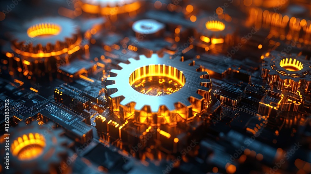 Wall mural illuminated gears intermeshing on a circuit board