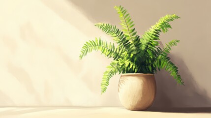 Obraz premium Lush Green Fern in Beige Pot Against a Soft Background