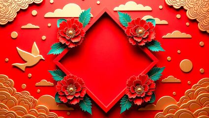 Fototapeta premium four red flowers with gold accents on red background