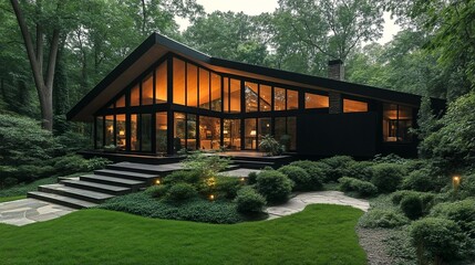 A modern house with large windows and a sloping roof sits on a forested hillside.