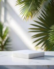 Fototapeta premium Minimalist white stone countertop with tropical palm tree shadows, creating a fresh summer aesthetic, perfect for product display in a modern, serene setting