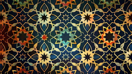 Intricate geometric pattern featuring vibrant colors and floral motifs on a dark background