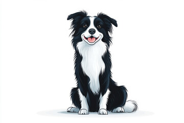Smiling cartoon border collie with fluffy black and white fur on a white background. isolated on white background.