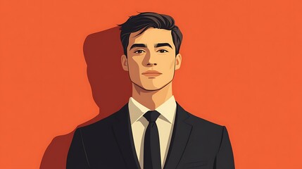 Portrait of a confident young man in a suit against a vibrant orange background.