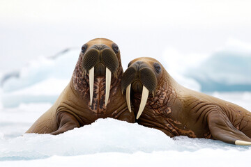 Two walruses resting on icy terrain, showcasing their tusks and playful nature.