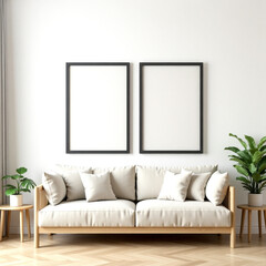 minimalist living room features a light beige couch with cushions and two matching frames above it