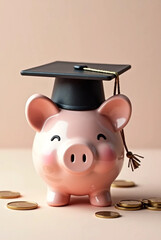 piggy bank with a black graduation hat with coins as educational loan symbol