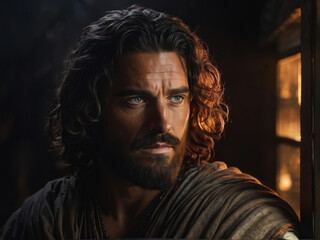 Obraz premium A striking portrait of Judas, captured in deep contemplation. His intense gaze and dramatic lighting evoke the weight of his historical and biblical significance. Generative AI