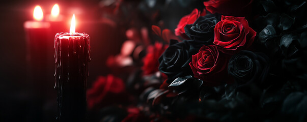 Celebrating Womens Day with dark gothic elegance and lush red roses illuminated by flickering candles at night
