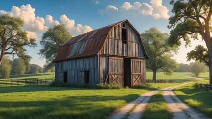 Obraz premium Serenity of a rustic barn amidst green fields and lush trees in the morning light