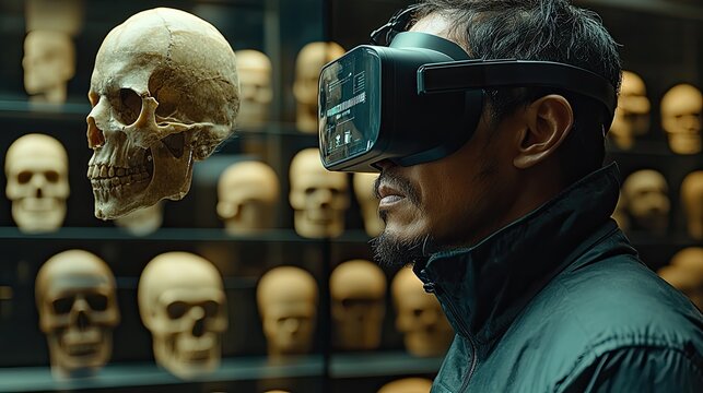 Man in VR headset views a collection of skulls