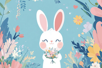 Obraz premium Kawaii style celebration with a cute bunny holding a bouquet in a vibrant floral backdrop