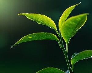 Fresh green leaves glistening with morning dew in natural sunlight.