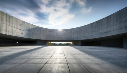 "3D render of dark black futuristic architecture with an empty concrete floor, featuring geometric structures, ideal for product showcases, car presentations, branding, and advertising backgrounds