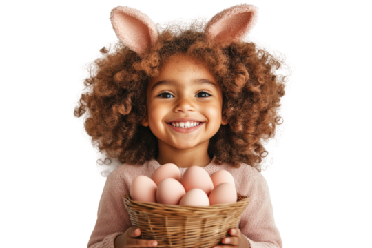 Joyful child with bunny ears holding eggs portrait isolated on transparent background