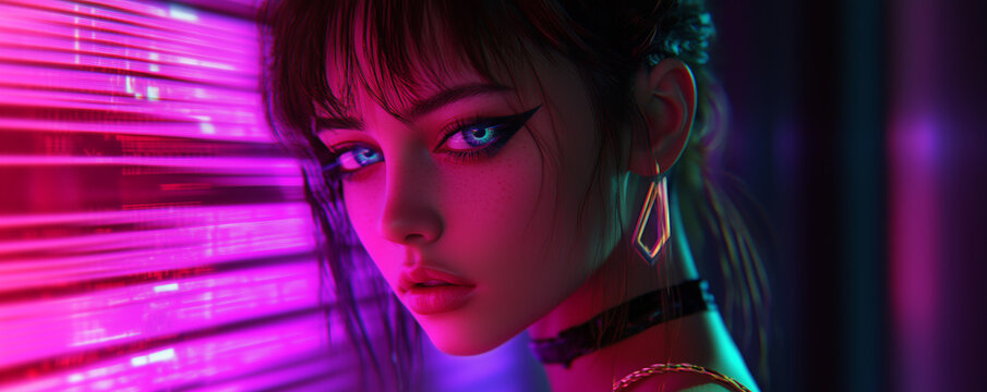Bold and edgy womens fashion captured in a neon glitch aesthetic with striking colors and captivating makeup during a nighttime event