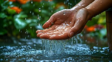 Fototapeta premium Hands cupping water, garden background, pure nature, refreshing