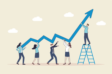 Growth strategy, team collaboration to grow business success, teamwork or partnership to develop or improve work efficiency concept, businessman and woman employee team help grow rising arrow chart.