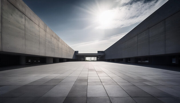 "3D render of dark black futuristic architecture with an empty concrete floor, featuring geometric structures, ideal for product showcases, car presentations, branding, and advertising backgrounds