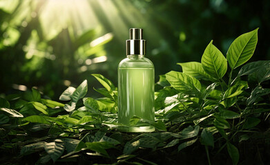 An organic skincare product placed on a bed of fresh green leaves, with natural sunlight filtering through for a soft and refreshing vibe.