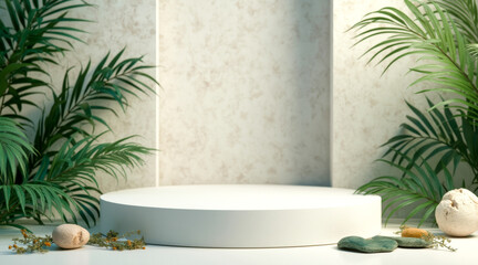 white circular platform display with lush palm leaves and stones