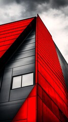 modern building with red and grey exterior.