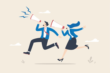 Communicate message, announce job vacancy for hiring, shouting promotion or company communication, warning alert or beware or important message concept, businessman and woman shouting on megaphone.