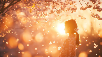 Celebrate Womens Day with a serene moment among cherry blossoms at sunset in a dreamy landscape