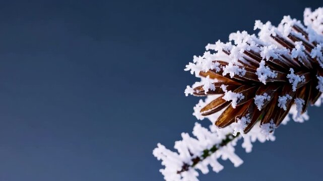 A pine cone, like a crystal ornament, glistens against the frosty blue sky, each icy crystal accentuating its winter beauty and natural elegance. Winter's embrace is magical