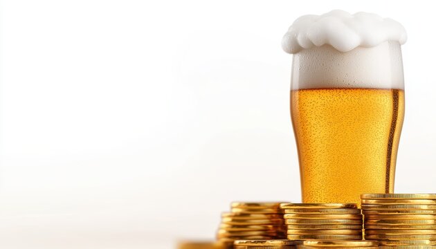 Frothy beer glass on a stack of shiny coins, symbolizing prosperity and enjoyment.