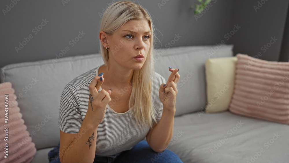 Wall mural Young blonde woman sitting indoors with fingers crossed in a living room, appearing hopeful or anxious, surrounded by soft cushions on a grey couch in a cozy home environment