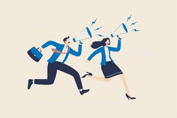 Communicate message, announce job vacancy for hiring, shouting promotion or company communication, warning alert or beware or important message concept, businessman and woman shouting on megaphone.