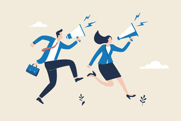 Communicate message, announce job vacancy for hiring, shouting promotion or company communication, warning alert or beware or important message concept, businessman and woman shouting on megaphone.