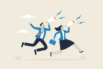 Communicate message, announce job vacancy for hiring, shouting promotion or company communication, warning alert or beware or important message concept, businessman and woman shouting on megaphone.