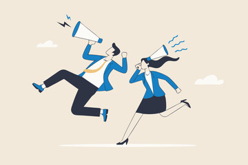 Communicate message, announce job vacancy for hiring, shouting promotion or company communication, warning alert or beware or important message concept, businessman and woman shouting on megaphone.