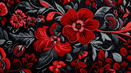Traditional Ukrainian embroidery pattern showcasing intricate floral designs in bold red and black colors with rich textures and symbolism