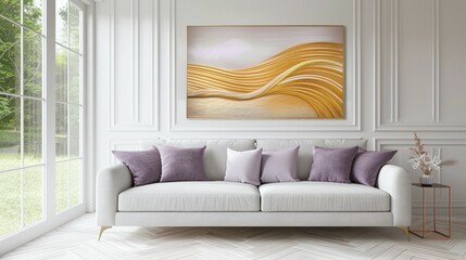 Golden Wave Abstract Art in Living Room: A large, captivating abstract painting featuring flowing golden waves hangs above a plush white sofa in an elegant living room.