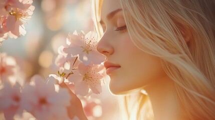 Naklejka premium Blonde woman holding cherry blossoms outdoors