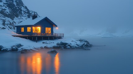 Fototapeta premium Illuminated Cabin Nestled In A Snowy Mountainside
