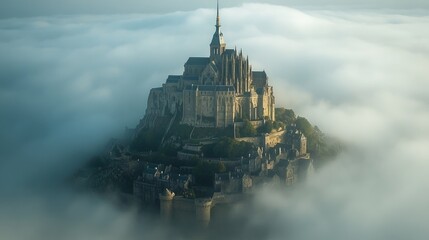 Fototapeta premium Mont Saint Michel Abbey Enveloped In Misty Clouds