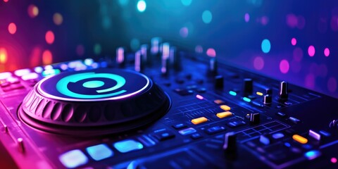 Obraz premium Vibrant abstract dj concept with neon lights and sound mixer for music event design