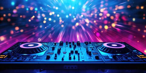 Obraz premium Vibrant abstract background featuring dj equipment and dynamic light effects for music event design