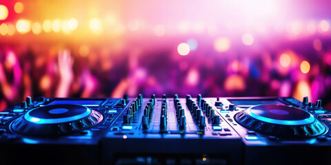 Vibrant dj mixer scene in club setting for music events and nightlife design