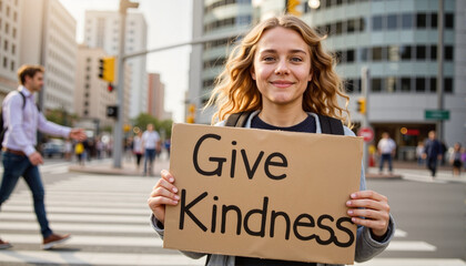 Smiling young woman holding 'Give Kindness' sign while crossing the street in an urban setting, ideal for blogs, websites, social campaigns, presentations, and community awareness materials