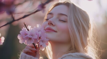 Fototapeta premium Blonde Woman Holding Pink Sakura Flowers Outdoors