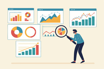 Analysis report research result, chart and diagram dashboard, financial graph statistics, analyze data, SEO or optimization concept, businessman with magnifying glass analyze research chart and graph.