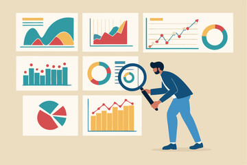 Analysis report research result, chart and diagram dashboard, financial graph statistics, analyze data, SEO or optimization concept, businessman with magnifying glass analyze research chart and graph.