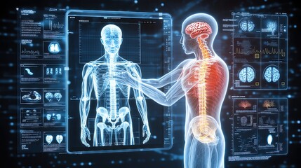 Human anatomy visualized with digital interface.