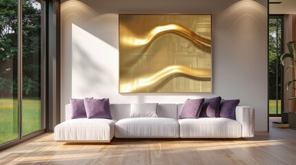 Golden Abstract Art in Modern Living Room:  A contemporary living room is bathed in warm sunlight.